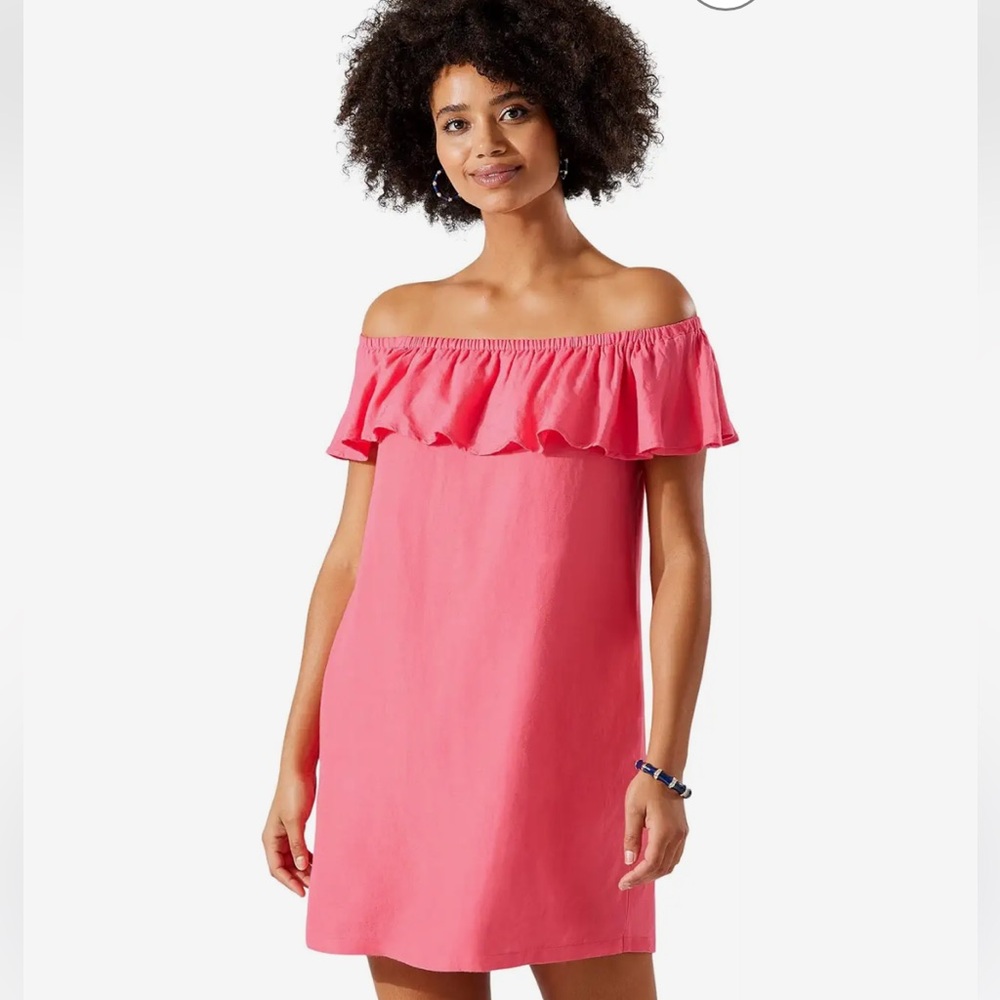 Tommy Bahama Island Cays Cabana Ruffle Neckline Linen Dress SZ XSCoral Coast